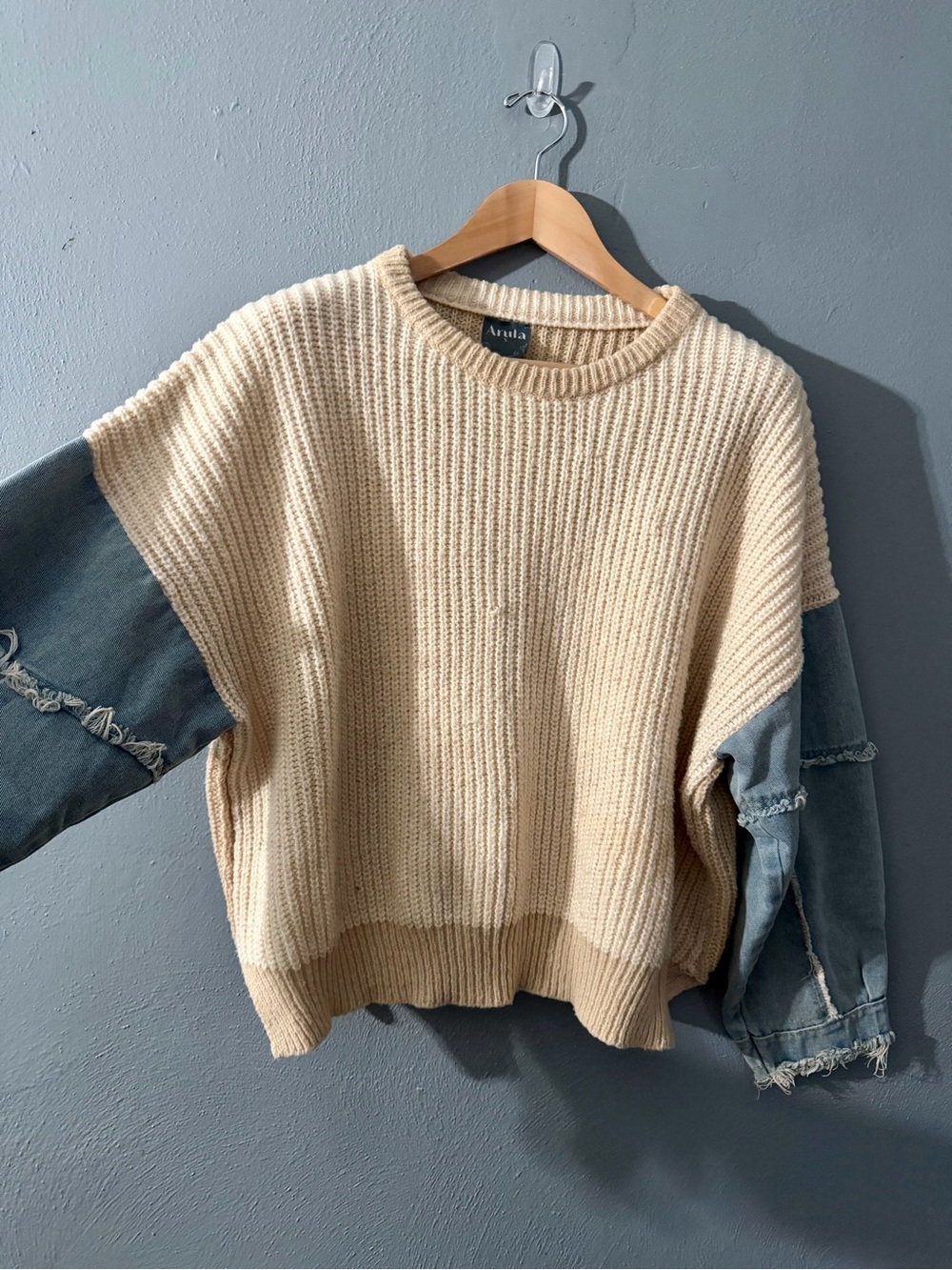 ARULA Cream Ribbed Sweater with Washed Blue Sleeve Panels